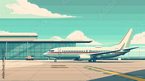 Jet on tarmac flat design side view ready for boarding theme animation vivid