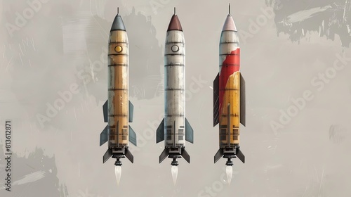 Lifelike intercontinental missile flat design side view global reach theme water color Triadic Color Scheme