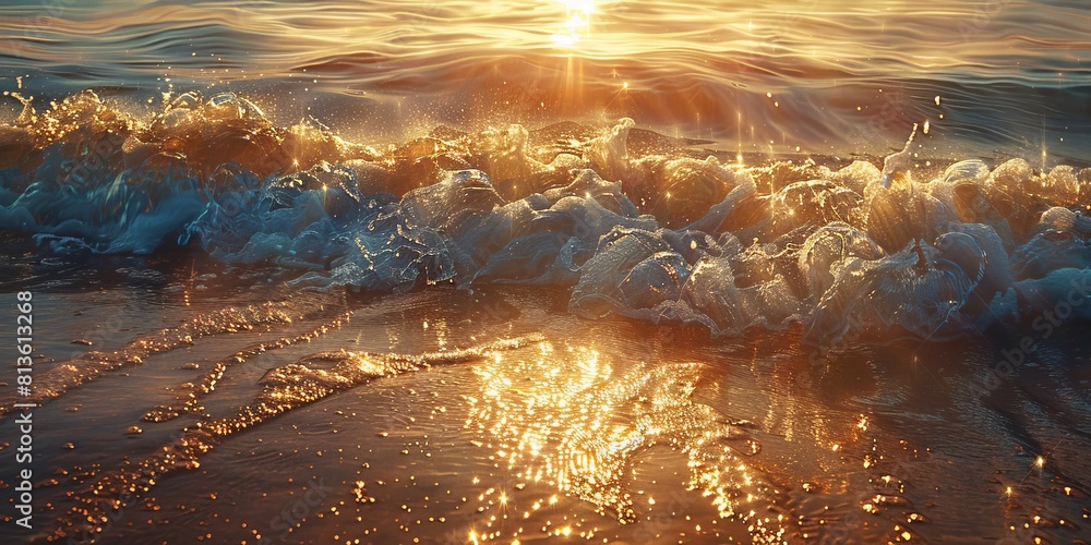 Golden sunlight dances on the sea's surface, creating a sparkling texture as waves gently lap the shore