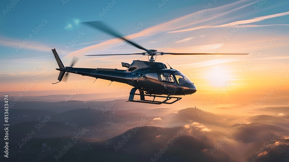 Stunning Aerial View of a Helicopter Flying at Sunset. Modern Aviation, Air Transport in Beautiful Evening Light. High-Quality Stock Image. AI Stunning Aerial View of a Helicopter Flying at Sunset. Modern Aviation, Air Transport in Beautiful Evening Light. High-Quality Stock Image. AI