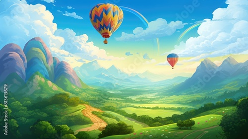 Hot air balloon expedition photo realistic illustration - Generative AI. Air, balloon, expedition, cliff, river.