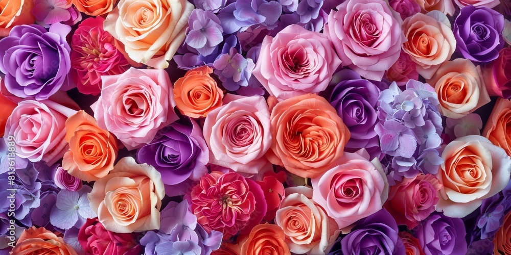 Romantic Valentine's Day Background with Multicolored Flowers. Floral Wallpaper with Purple, Pink and Orange Roses. Romantic Valentine's Day Background with Multicolored Flowers. Floral Wallpaper with Purple, Pink and Orange Roses.