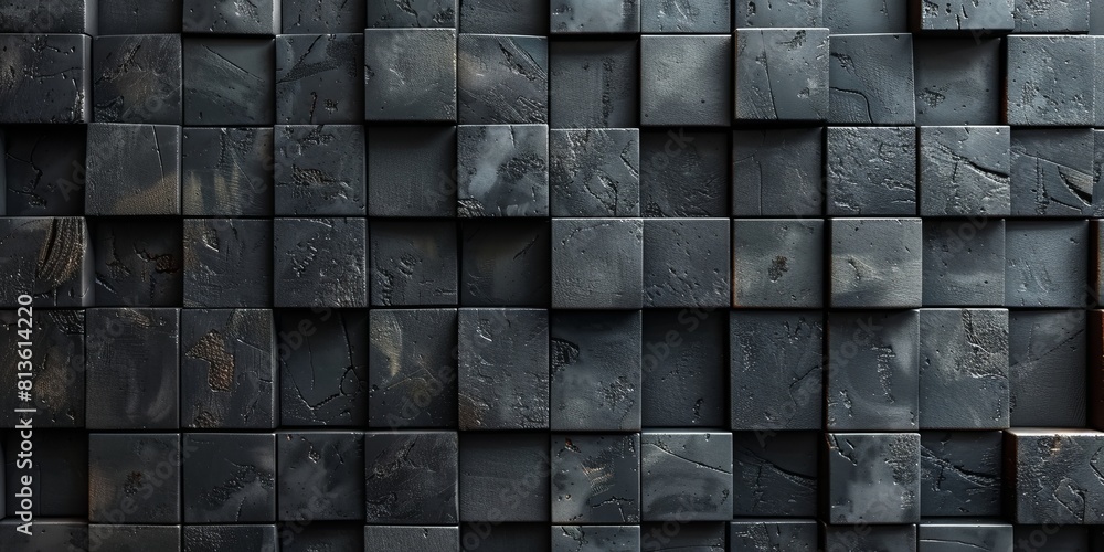 Square, Black Mosaic Tiles arranged in the shape of a wall. 3D, Semigloss, Blocks stacked to create a Futuristic block background. Square, Black Mosaic Tiles arranged in the shape of a wall. 3D, Semigloss, Blocks stacked to create a Futuristic block background.
