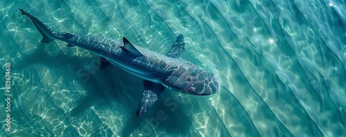 Aerial view of spinner shark swimming in clear blue waters of Atlantic Ocean  Southampton  New York  United States.