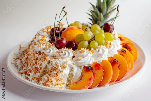 Dazzling Ambrosia Cake with Shredded Coconut and Peach Slices