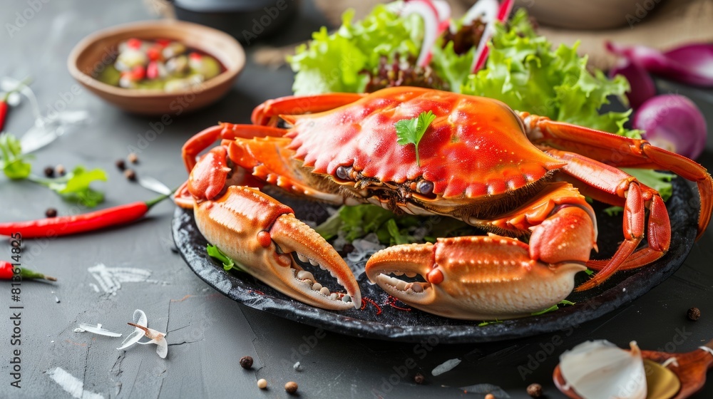 Savory Boiled Crab Infused with Pepper, Served with Fresh Salad: A Visual Delight in 16:9 AR Savory Boiled Crab Infused with Pepper, Served with Fresh Salad: A Visual Delight in 16:9 AR