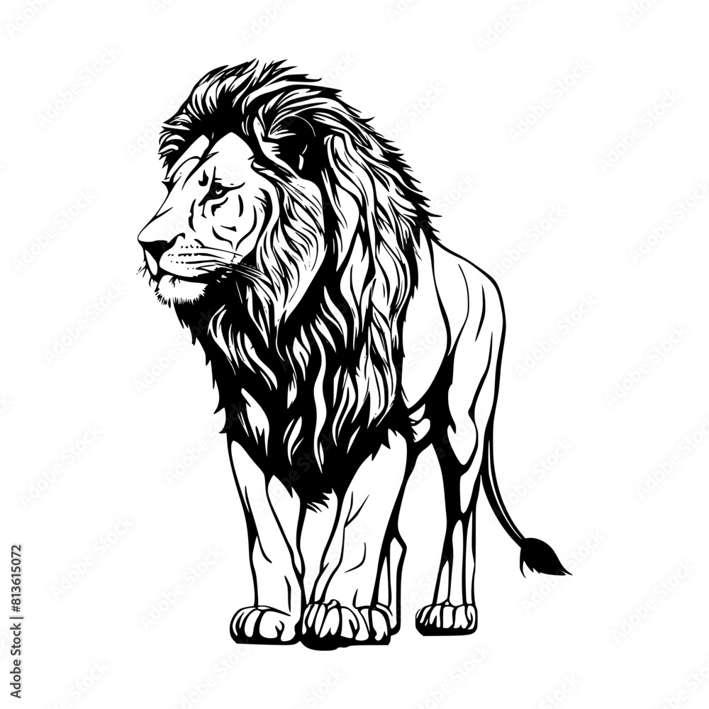 Obraz premium Black and white vector of a majestic lion against a plain white background