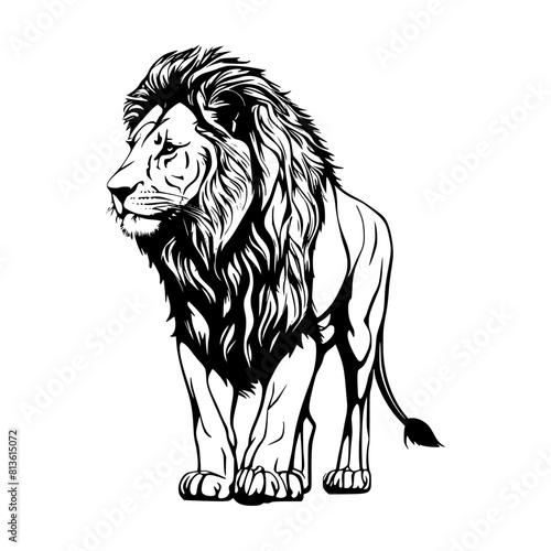 Black and white vector of a majestic lion against a plain white background