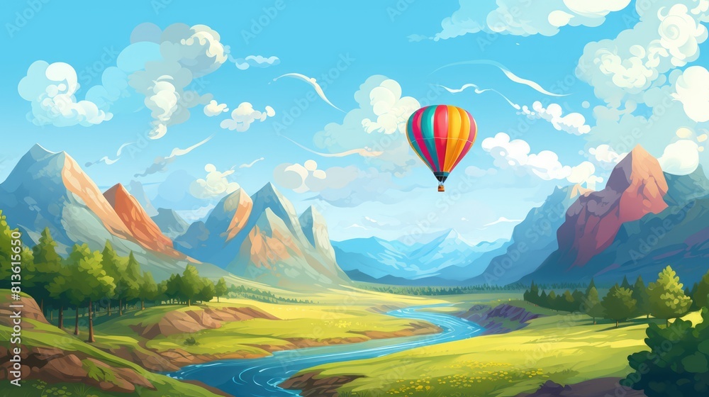 Fototapeta premium Hot air balloon expedition photo realistic illustration - Generative AI. Air, balloon, expedition, cliff, river.