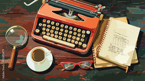 Composition with vintage typewriter notebook cup 