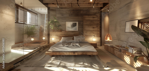 Scandinavian loft bedroom with a focus on eco-friendly design, including recycled materials and natural fibers.