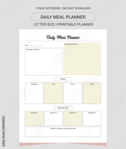 Daily Meal Planner Notes | Daily Meal Planner Notebook |Daily Meal Planner Workbook | Daily Meal Planner Log Book | Notebook Printable Planner | Letter Size