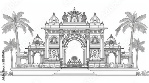 Detailed Black and White Line Art of a Traditional Indian Palace