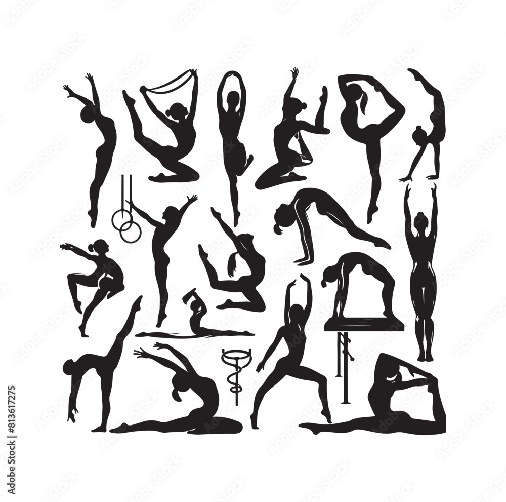 Gymnastics female silhouette illustration set Gymnastics female silhouette illustration set
