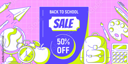 Back to school sale retro banner with discount and school supplies. Education, learning, selling concept. Vector poster for web, social media, advertising, business. Checkered background