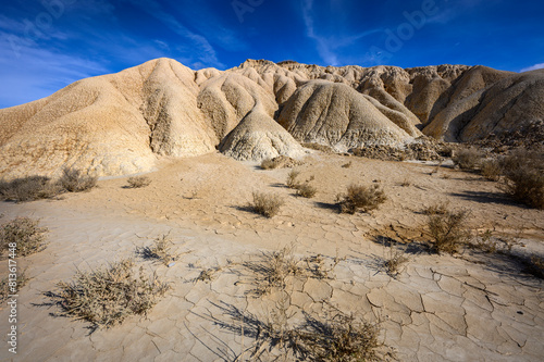 Dry desert landscape in Bardenas reales national park, Navarro, Spain.