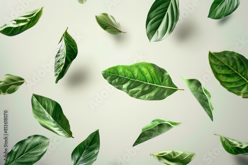 Isolated green leaves fall and flutter against a background. Generative Ai