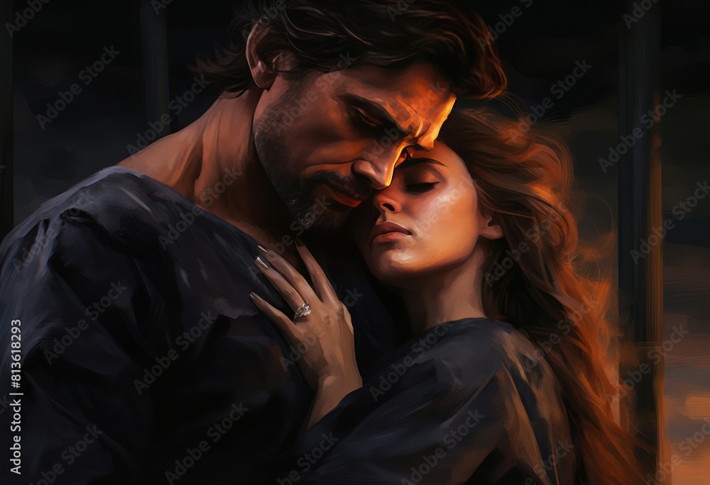 Dramatic artistic illustration of a couple in a tender embrace, with soft lighting Dramatic artistic illustration of a couple in a tender embrace, with soft lighting