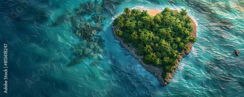 Aerial view of Caribbean Island in the Shape of a Heart. Love Holiday Concept. Generative AI. © Svitlana