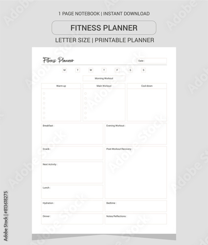 Fitness planner Notes | Fitness planner Notebook |Fitness planner Workbook | Fitness planner Log Book | Notebook Printable Planner | Letter Size