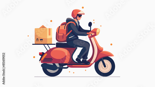 Courier in helmet driving moped with delivery box.