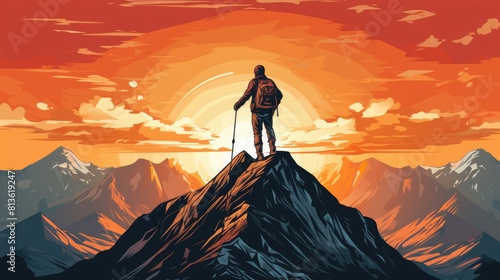Mountain summit triumph photo realistic illustration - Generative AI. Person, mountain, top, sunset.