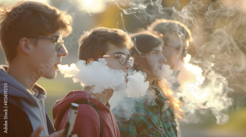 group of young teenagers smoke electronic cigarettes outdoors. The vaper releases smoke from his mouth. Bad habit