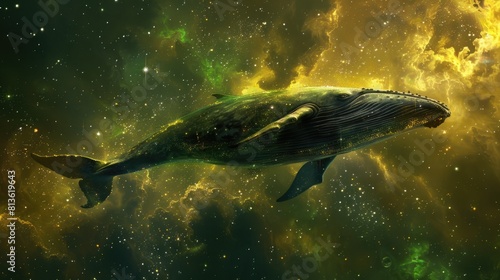 a whale in the style of galaxy green and yellow nebulae, fantasy art, high quality wallpaper © AK art