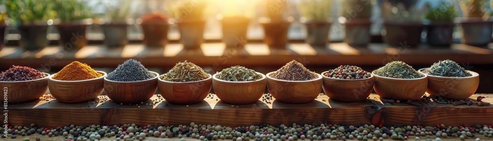 A cozy, natural light scene with a spice rack filled with small cups of organic dried herbs, soft light casting a gentle glow, panoramic copy space at the top. A cozy, natural light scene with a spice rack filled with small cups of organic dried herbs, soft light casting a gentle glow, panoramic copy space at the top.