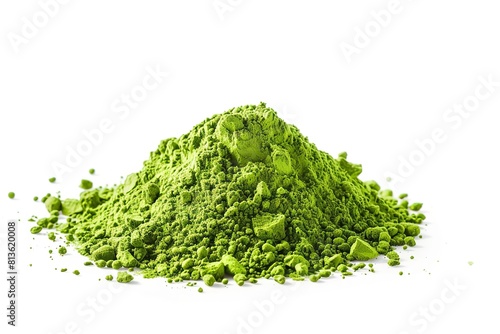 Isolated green matcher tea powder heap against white backdrop. Generative Ai