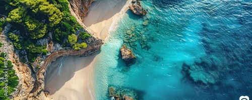 Aerial Drone view of the Mizithres Beach, Zakynthos in Greece. photo