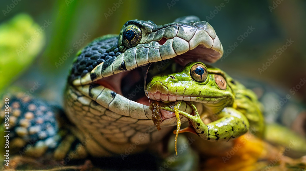 Snake consuming a frog in a vivid display of predator-prey interaction, captured in natural wildlife setting Snake consuming a frog in a vivid display of predator-prey interaction, captured in natural wildlife setting