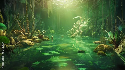 In 10000 BC, an underground water forest habitat as a complex network of subterranean rivers, lakes, cenotes and underwater trees. Adventure game background AI-generated photo