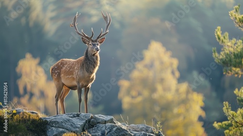 A deer stands on a rocky hillside  looking to the right