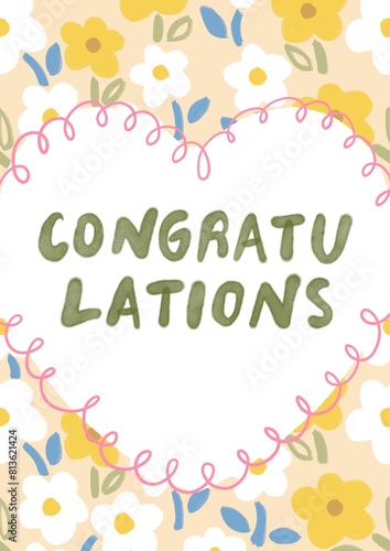 cute heart frame on flower pattern, illustration congratulations card.
