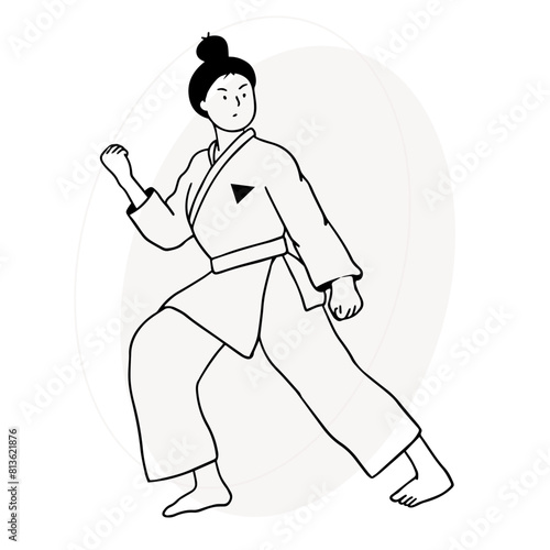 Karate concept. Karate fighter or sport person in kimono. Fighting, kicking, attacking pose. Japan martial art, professional or recreation. Active rest, recharge. Knockout workouts.