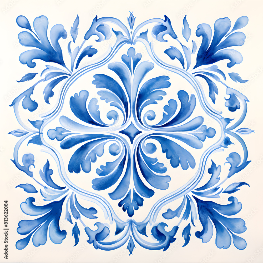 Rustic blue tile watercolor seamless pattern. Pattern of azulejos tiles Rustic blue tile watercolor seamless pattern. Pattern of azulejos tiles