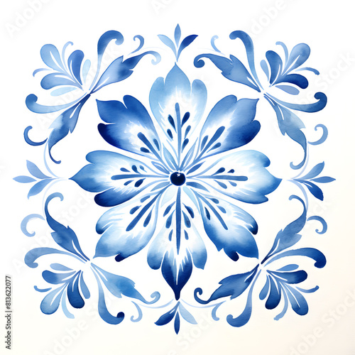 Rustic blue tile watercolor seamless pattern. Pattern of azulejos tiles