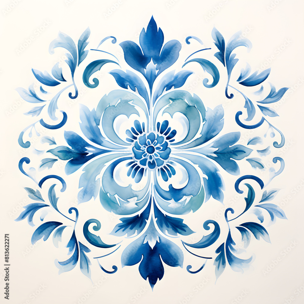 Fototapeta premium Rustic blue tile watercolor seamless pattern. Pattern of azulejos tiles