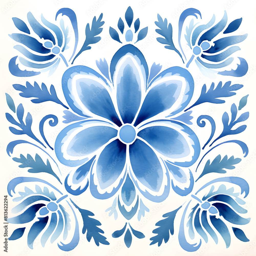 Fototapeta premium Rustic blue tile watercolor seamless pattern. Pattern of azulejos tiles