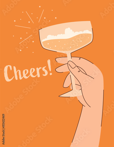 A champagne toast with the word Cheers displayed prominently. Congratulatory poster or card. Vector illustration in cartoon flat style.