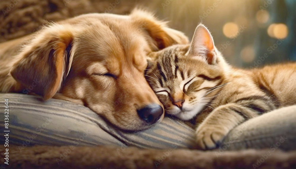 A dog and a cat sleeping together.