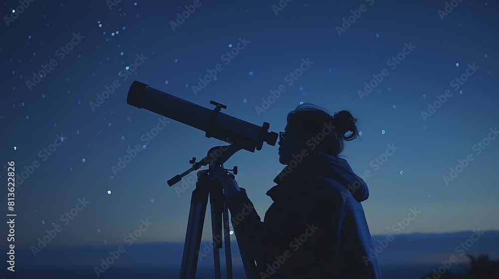 A young woman stargazing through a telescope on a clear night. She is dressed warmly and has her hair in a ponytail.