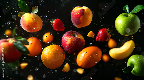 Refreshing fruit splash: fresh fruits submerged in water on black background