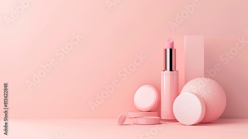 A variety of makeup products including lipsticks, lip gloss, blush, and setting spray. The products are arranged on a pink surface against a pink background.