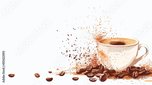 Cup of coffee with powder and beans on white background