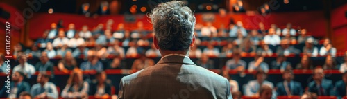 A man standing on a stage giving a speech in front of a large audience. photo