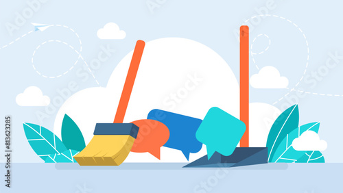 A speech bubble in a waste bin, a censorship concept. Broom for old memories cleaning and healing toxic thoughts. Mind cleaning. Mental problems treatment metaphor. Self detox. Vector illustration