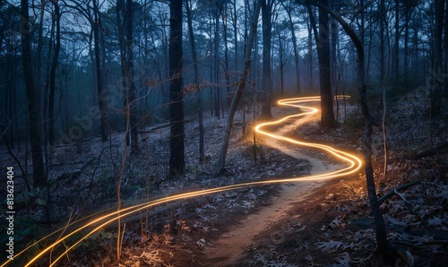 The streaks of a rider's headlamp make a winding trail through the woods in a long exposure during a mountain bike race in Conyers, Georgia.