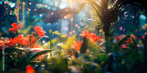 Tropical forests intertwined with colorful flowers and plants. Generative AI © Лилия Захарчук